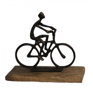 ESTATUETA DECORATIVA CICLISTA DOURADO AÇO E RESINA 21X10X16