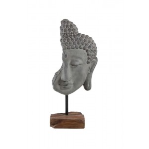 Meia Face Buda Decorativa em Pedra com Base de Madeira A68xC30xL18 cm