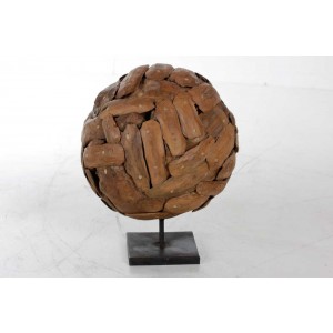 Bola Decorativa em Cascas de Madeira com Base de Metal 30 cm