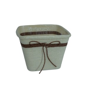 CESTO DE PALHA BRANCO COM LAÇO MARROM  20 X 20 15,5 CM