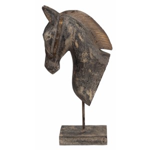Estátua de Cavalo G em Madeira Rústica Cinza e Dourado 28X12X54 cm
