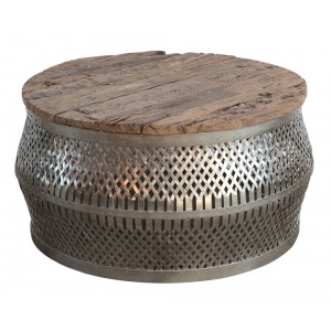 Mesa de Centro em Ferro cor Bronze c/ Tampo em Madeira Rústica de Demolição 94X94X50 cm
