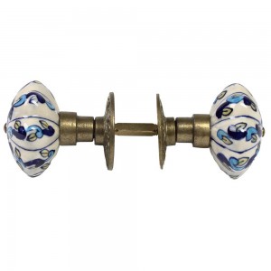 Maçaneta Cerâmica e Metal Decorada Azul 7X7X21CM.