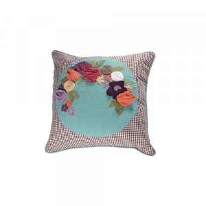 Capa de Almofada em Algodão Quadrada Xadrez com Aplique de Flores em Tecido A45xL45 cm