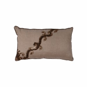 Capa de Almofada em Linho Bege Retangular Bordada com Miçangas e Paetês A30xL50 cm