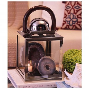 Lanterna Aço Inox Polido com Alça em Madeira 20,3X30,4 cm