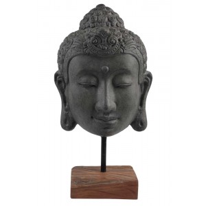 Cabeça Buda Decorativa em Poliresina com Base  de Madeira A68xC38xL23 cm