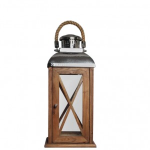 Lanterna de Madeira com Aço Inox e Alça em Corda 25X53CM