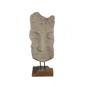 Escultura Meia Face Buda em Pedra Decorativa com Base de Madeira A75 cm