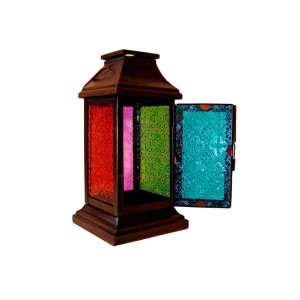 Lanterna Peq. Quadrada em Metal e Vidros Coloridos e Decorados 11X11X26 cm