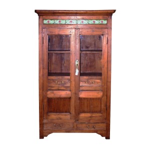 Cristaleira em Madeira Rústica Decorada com Vidro 2 Portas e 4 Gavetas A177xL108xP47 cm