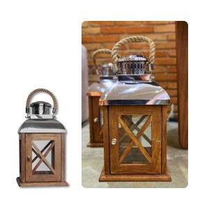 Lanterna de Madeira com Aço Inox e Alça em Corda 25X43CM N